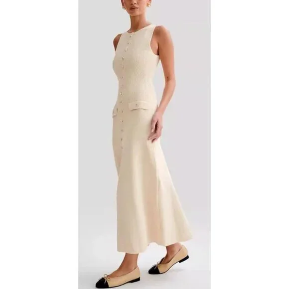 Women's Knit Maxi Dress Sleeveless Slim Fit Crew Neck Slit Bodycon Plus Size - Picture 2 of 6